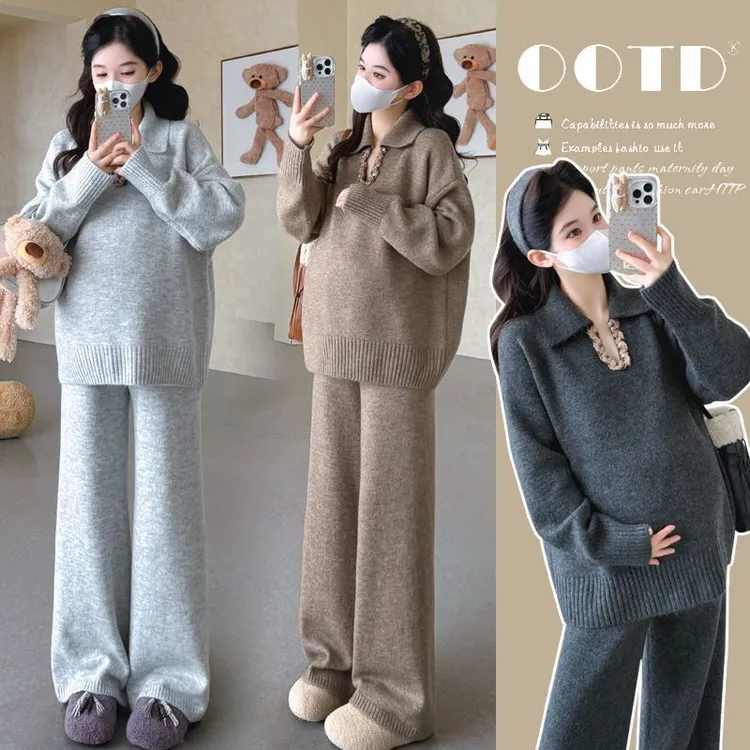 秋冬新品孕妇秋冬加厚翻领v领编织套头毛衣＋百搭休闲棉衣马甲套装