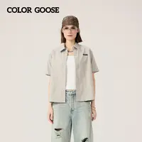 COLOR GOOSE秋季新款翻领短袖棉质修身显瘦时尚荷叶边格子衬衫女