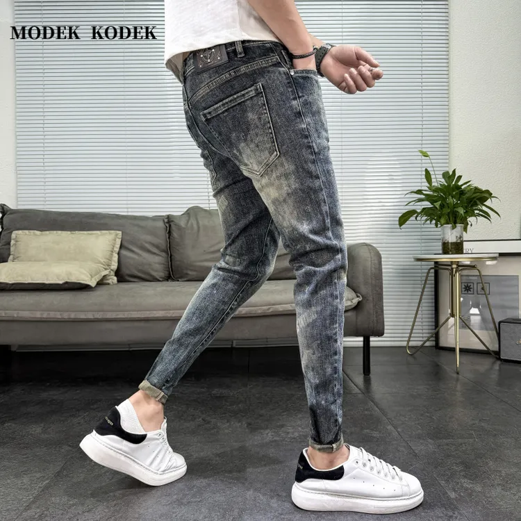 MODEK KODEK春秋新款男士印花修身牛仔裤高品质潮牌百搭水洗长裤