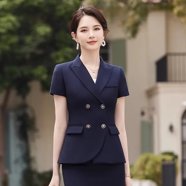 深蓝色夏天短袖薄款西服套装女2025新款酒店前台工作装高端职业装