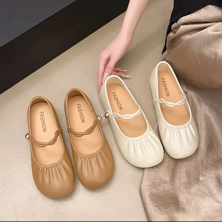 爆款玛丽珍豆豆2025春夏新款平底褶皱一字奶奶浅口温柔单鞋仙女款