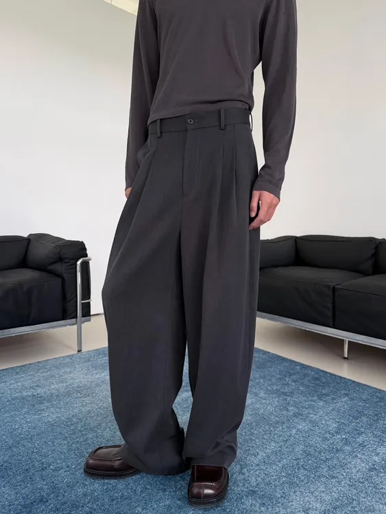 weave【新品】秋季 灰色宽松廓形双褶西裤垂坠感抗皱直筒四季长裤
