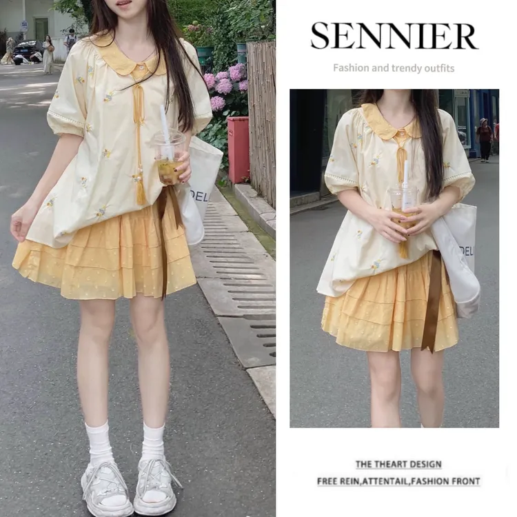 2025年流行爆款减龄黄色娃娃领刺绣短袖衬衫可叠穿连衣裙两件套装