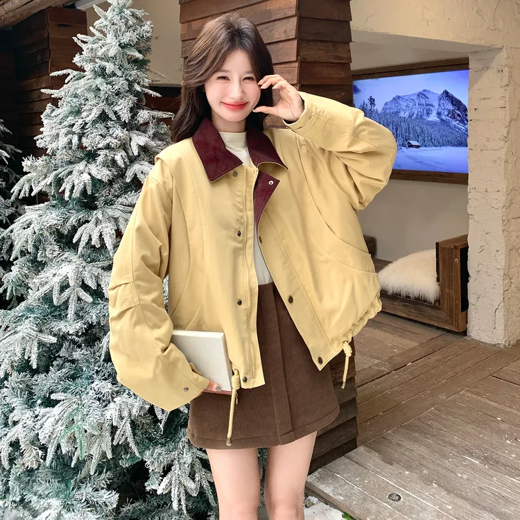 复古巴恩风撞色翻领短款羽绒服女2025冬新款休闲保暖90白鸭绒外套