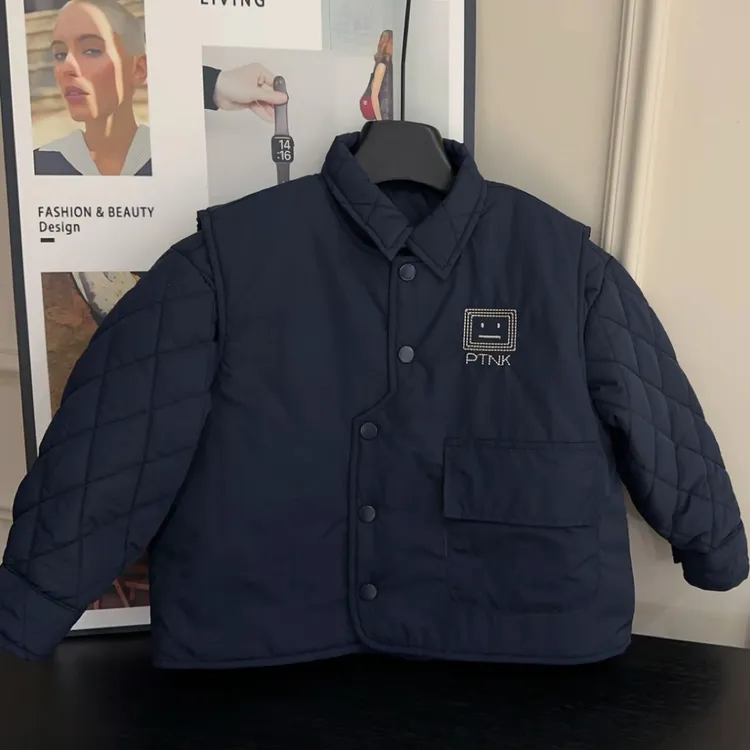 2025新款冬季加绒加厚款数字厚款棉服休闲蓝色童装外套两件套