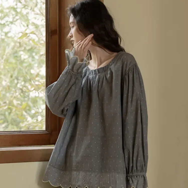 皇子精选|女士春夏新款梭织长袖格子纯棉宽松舒适家居服套装