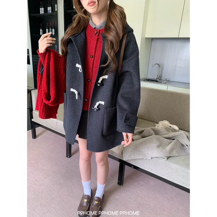 【汤圆专属】赫尔街区 miu系连帽双面毛呢大衣秋冬百搭小个子外套