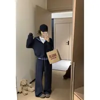 韩11美式复古时尚套装女连帽撞色格子外套花边抽绳休闲裤两件套秋
