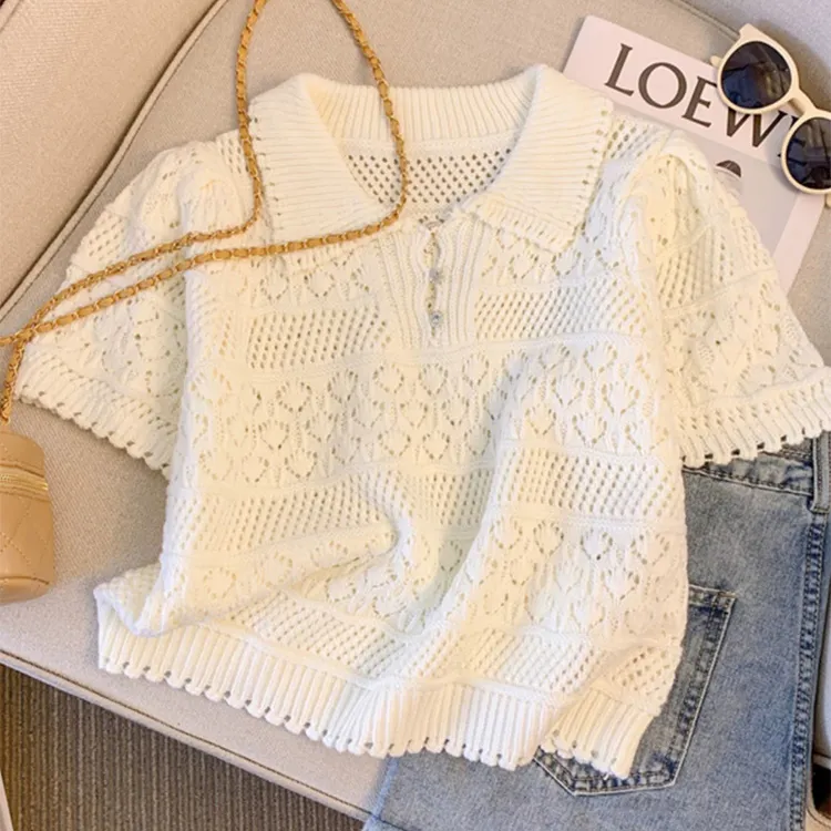 法式Polo领短袖T恤女夏镂空高腰短款正肩冰丝针织多巴胺薄款上衣