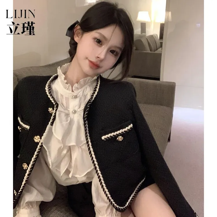 式黑色小香风西装开 衫外套女秋季超好看洋派减龄高级感短款上衣