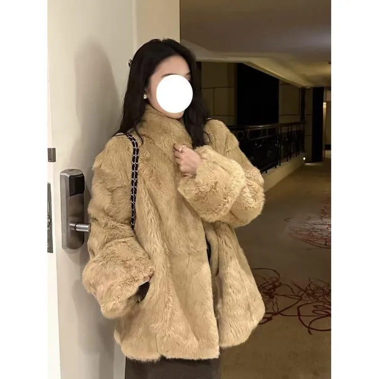 25冬季皮毛一体安哥拉长毛草原兔外套冬季立领加厚短外女套XJ021
