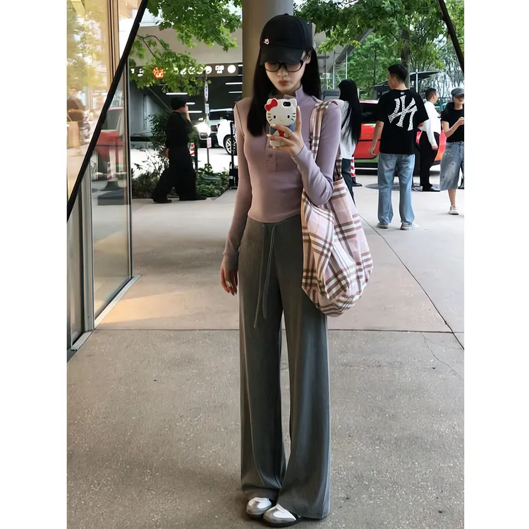 秋季新款正肩立领长袖t恤辣妹内搭上衣慵懒遛弯休闲直筒阔腿裤女