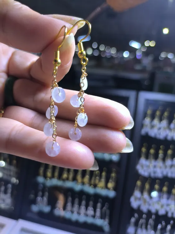 天然缅旬A货高级翡翠白冰算盘珠925耳钩时尚潮流百搭气质仙女素款