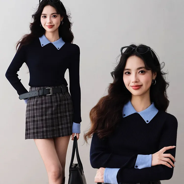 G洋气假两件针织衫女秋冬款设计感别致休闲百搭显瘦长袖打底衫