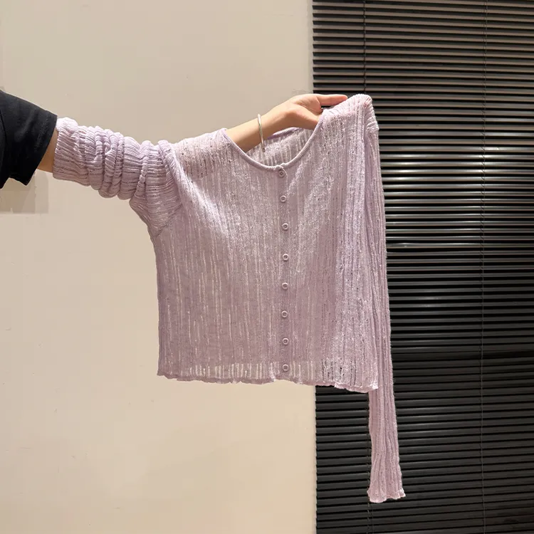 2025初夏绝美镂空舒适透气长袖针织开衫女薄款防晒单排扣紫色上衣