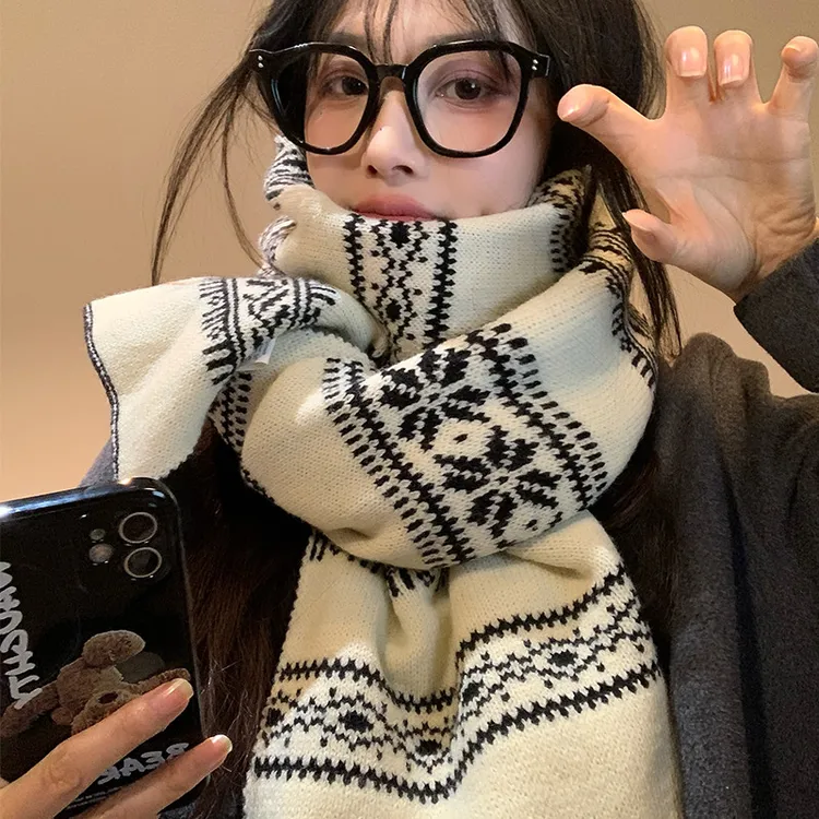 元族费尔岛双面针织围巾女冬季韩系氛围感保暖百搭毛线围脖冬护颈