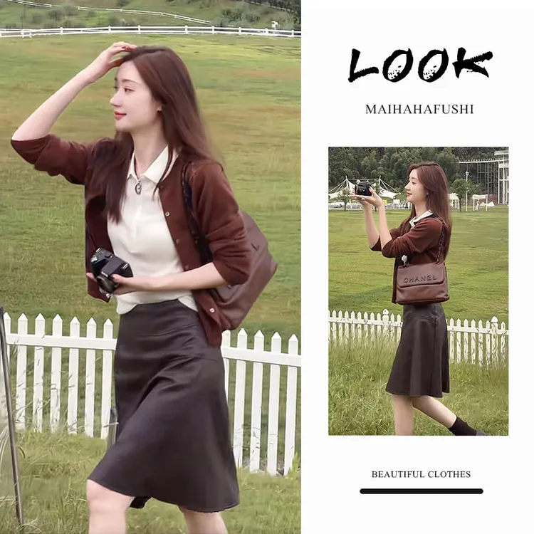 秋季一整套女装2025新款韩版通勤时尚针织衫POLO领内搭半身裙套装