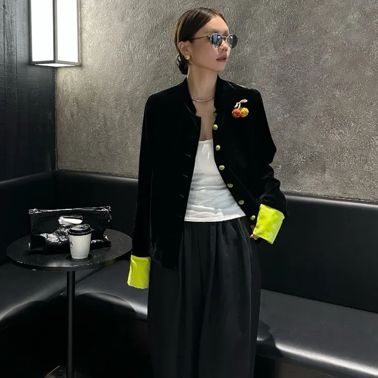 深圳南油新中式国风真丝丝绒外套女秋款长袖撞色唐装上衣南瓜装饰