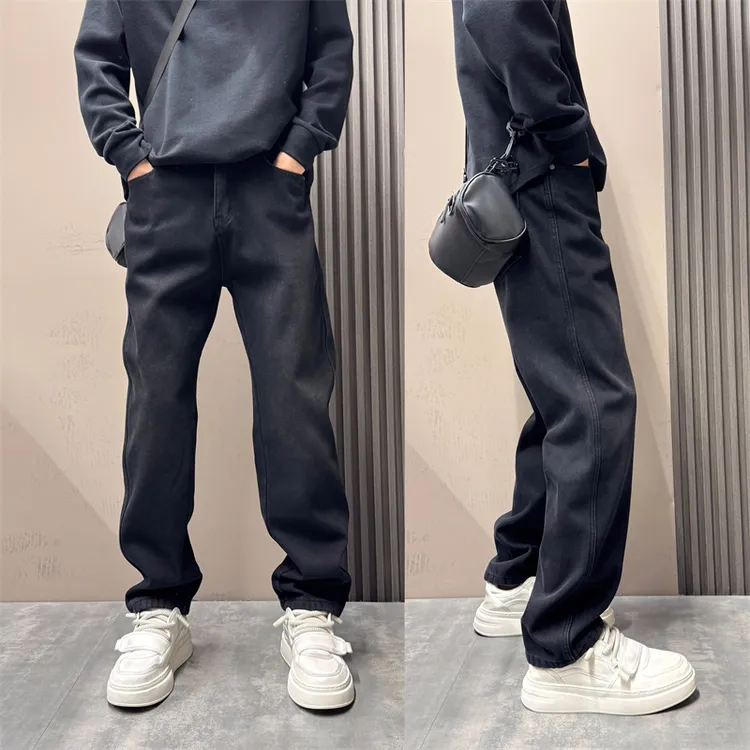 2025秋冬美式潮流新款水洗做旧加绒加厚宽松阔腿直筒显瘦牛仔裤