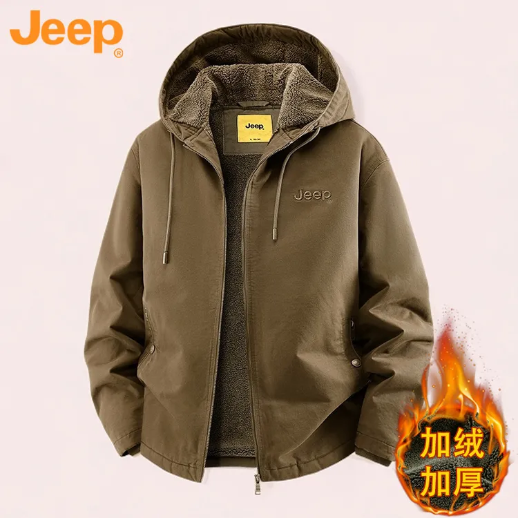 Jeep吉普正品男士加绒加厚连帽棉衣纯棉水洗保暖工装冬季外套男装
