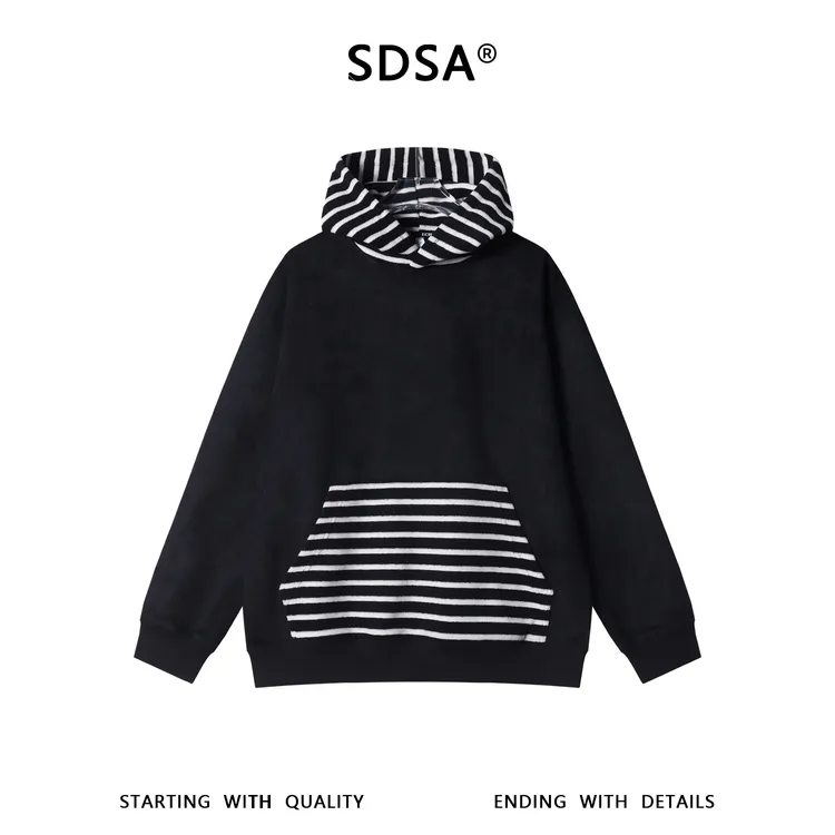 SDSA男士秋冬新款痞帅男装时尚拼接撞色条纹连帽卫衣百搭宽松上衣