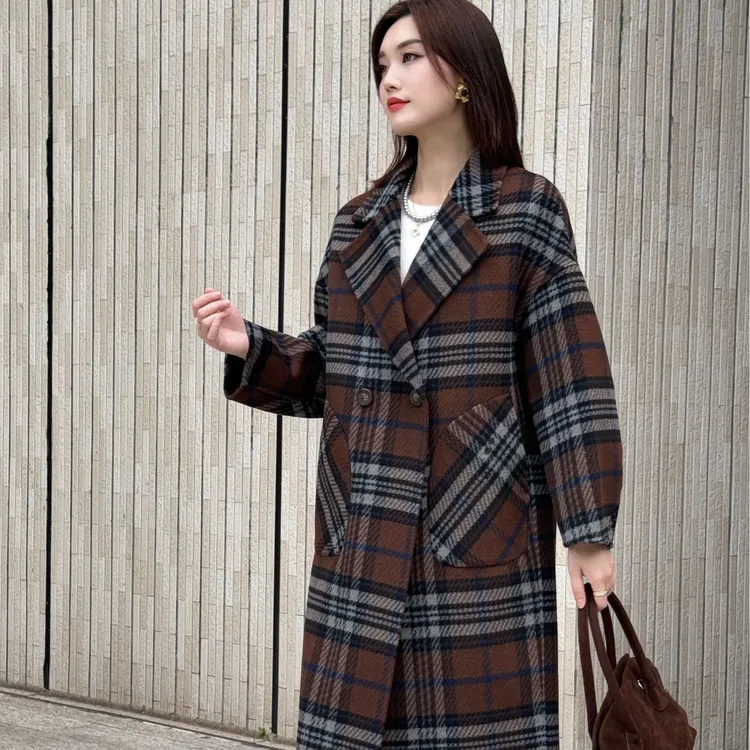毛呢外套翻领中长款秋冬格子双面羊毛大码格子大衣英伦风洋气外套