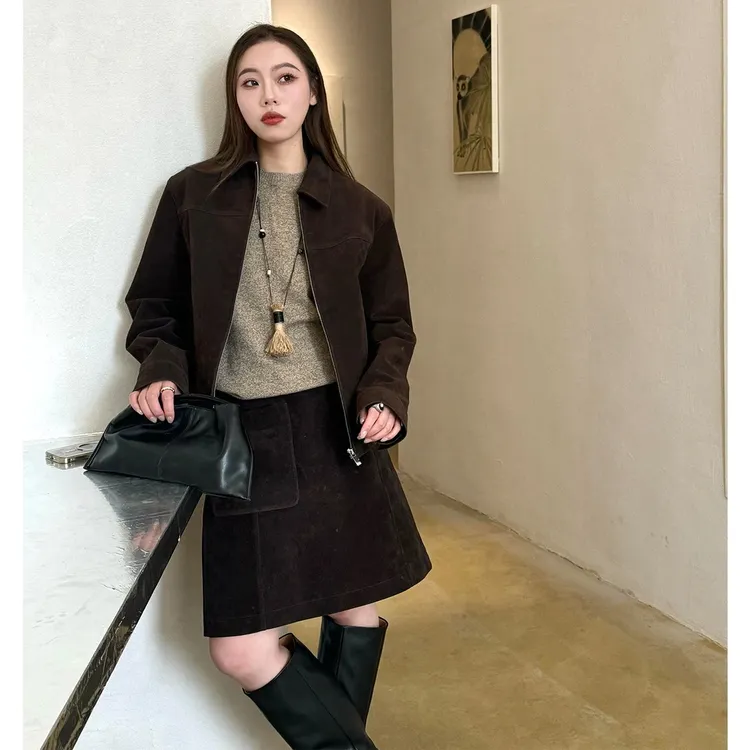 复古风美拉德系时尚套装女秋冬高档翻领夹克外套高腰半身裙两件套