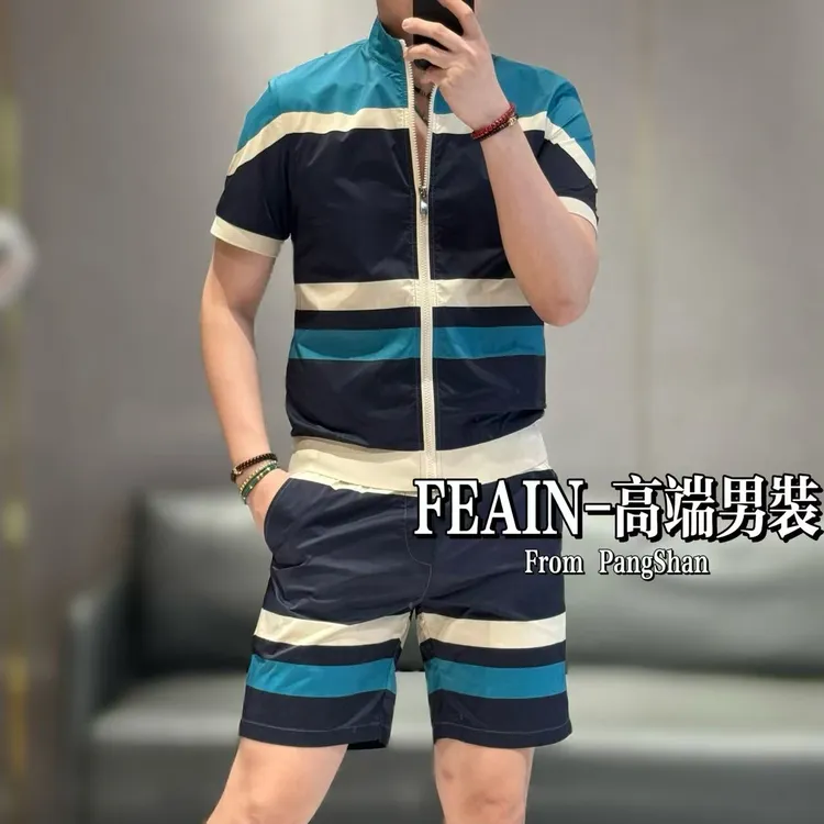 高端定制男士休闲横条纹设计短袖夹克短裤套装8611