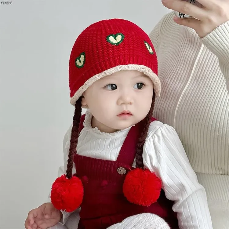 元族秋冬季宝宝帽子护耳毛线针织小月龄假发婴儿套头保暖防风加厚