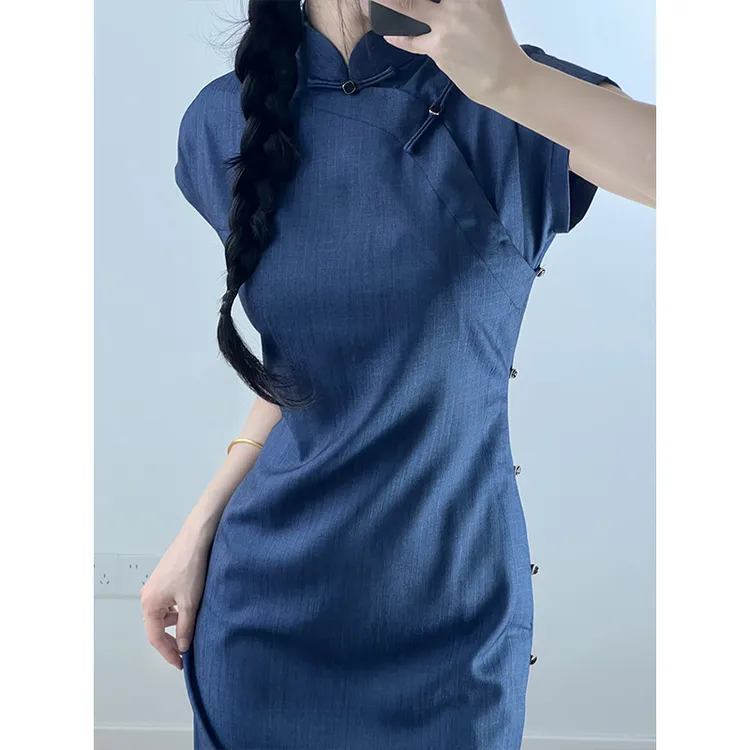 胧月古法旗袍全开襟新中式女2025春新款蓝色复古宽松气质优雅夏季