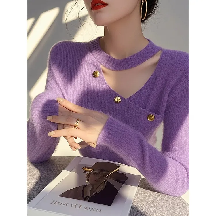 紫色镂空毛衣女款2024新款冬季穿搭奶fufu慵懒高级感内搭针织上衣