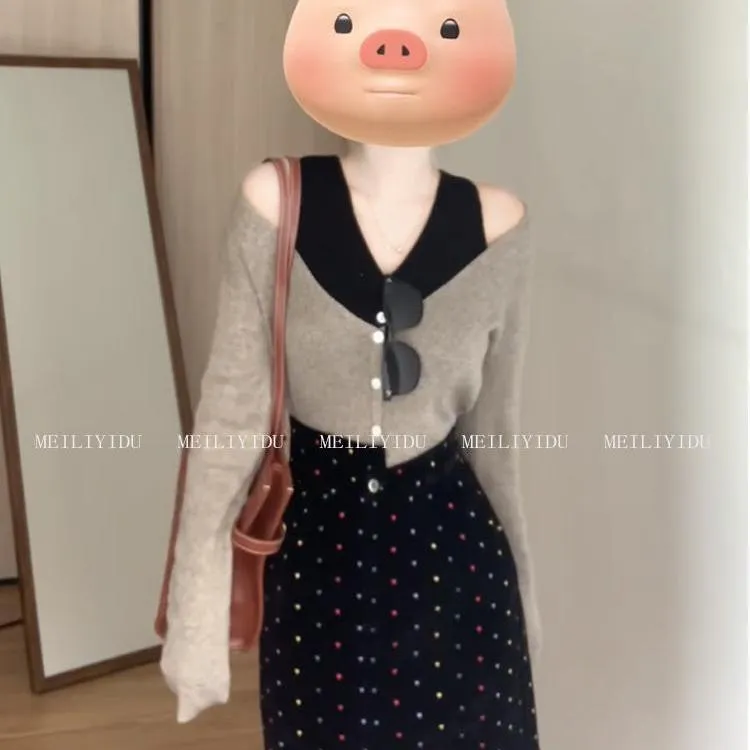 大尺码胖mm2025年春季拼接假两件针织衫上衣彩点黑色半身裙套装女