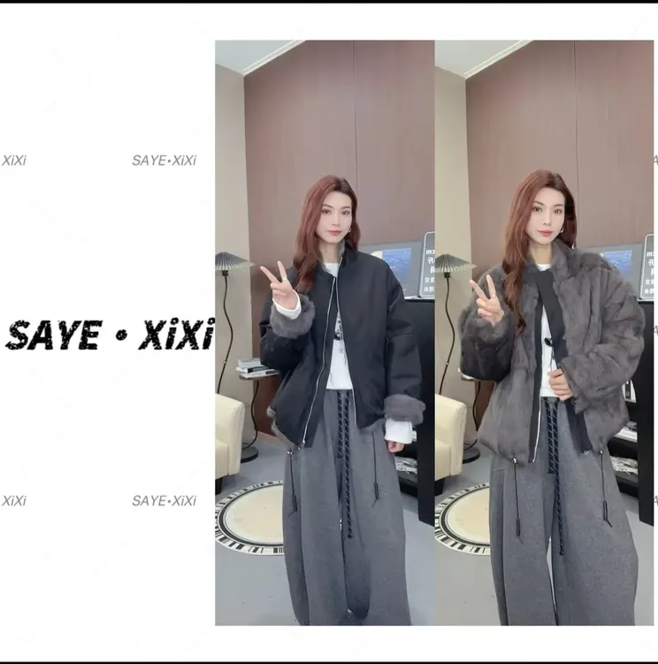 立领双面穿保暖皮草派克短宽松外套女休闲时尚