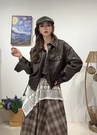 97区8809褐色朋克风春秋女士户外短款外套