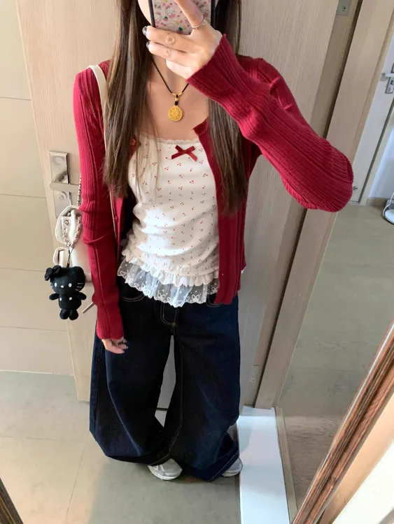 开春穿搭红色修身针织衫女2025春季新款辣妹百搭外穿开衫上衣外套