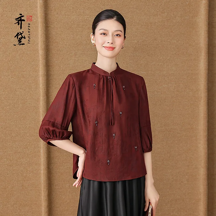 齐黛杭州名牌香云纱上衣女2025秋新款五分袖中式复古气质真丝衬衫