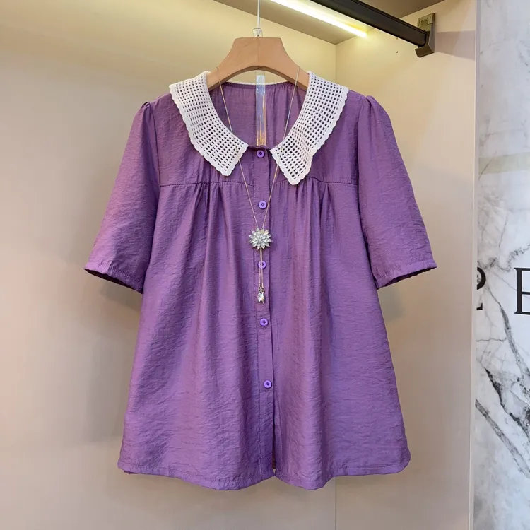 韩版时尚娃娃领上衣夏季新款洋气减龄大码女装胖mm百搭小衫潮502