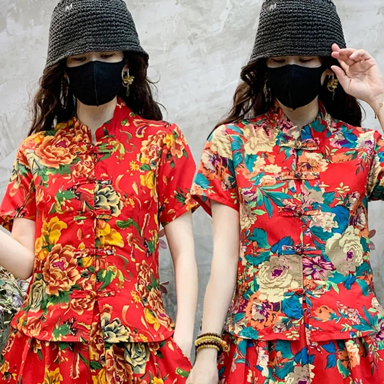 东北大花复古短袖衬衫民族风广场舞蹈上衣中式打鼓唐装演出服衣服