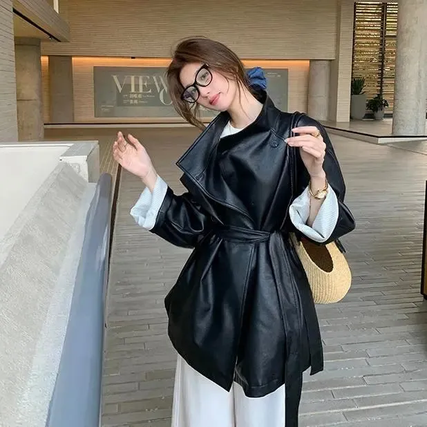 韩女氛围~设计高级感炸街复古黑色PU皮西装皮衣外套女港风上衣