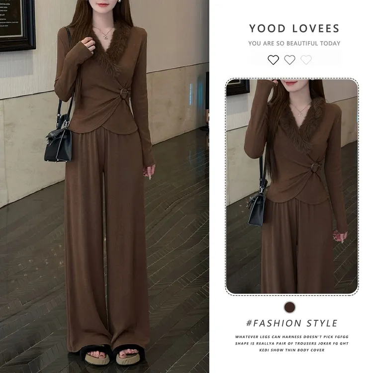 冬季毛毛V领不规则收腰长袖上衣休闲宽松显瘦直筒长裤时尚套装女