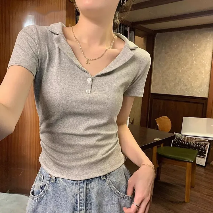 【现货】胖mm夏季polo翻领正肩T恤遮肚收腰显瘦辣妹气质上衣04040
