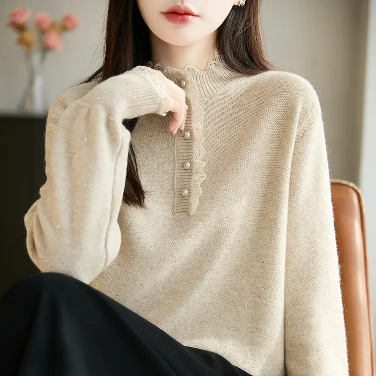  鄂尔斯市纯100羊毛衫女秋冬新款时尚亮片宽松毛衣羊绒蕾丝打底衫