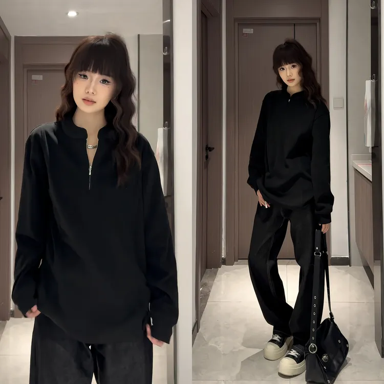 半拉链德绒卫衣男款秋冬美式潮牌解构拼接重磅内搭加绒保暖打底衫