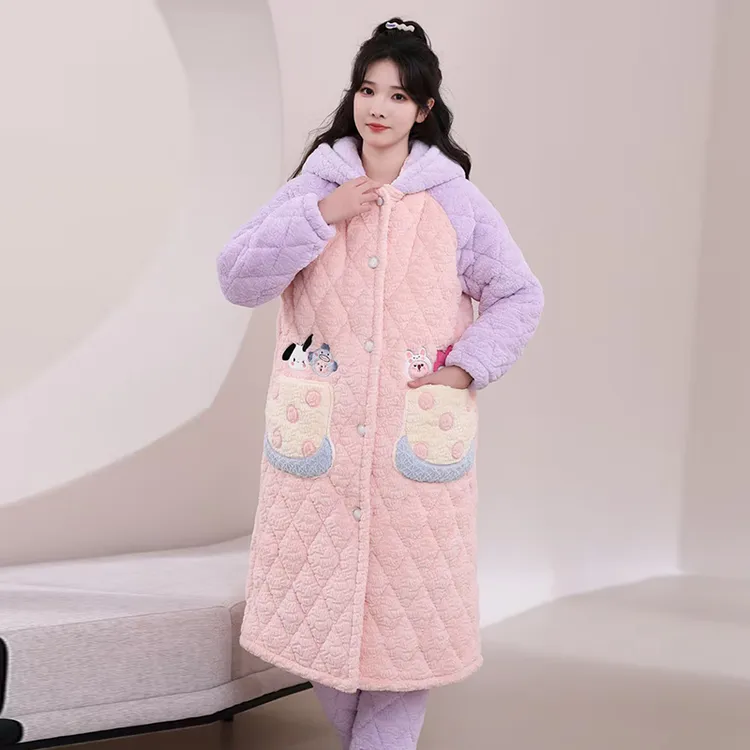 冬季睡袍睡衣女爆款2025新款三层夹棉可外穿加厚加绒家居服两件套