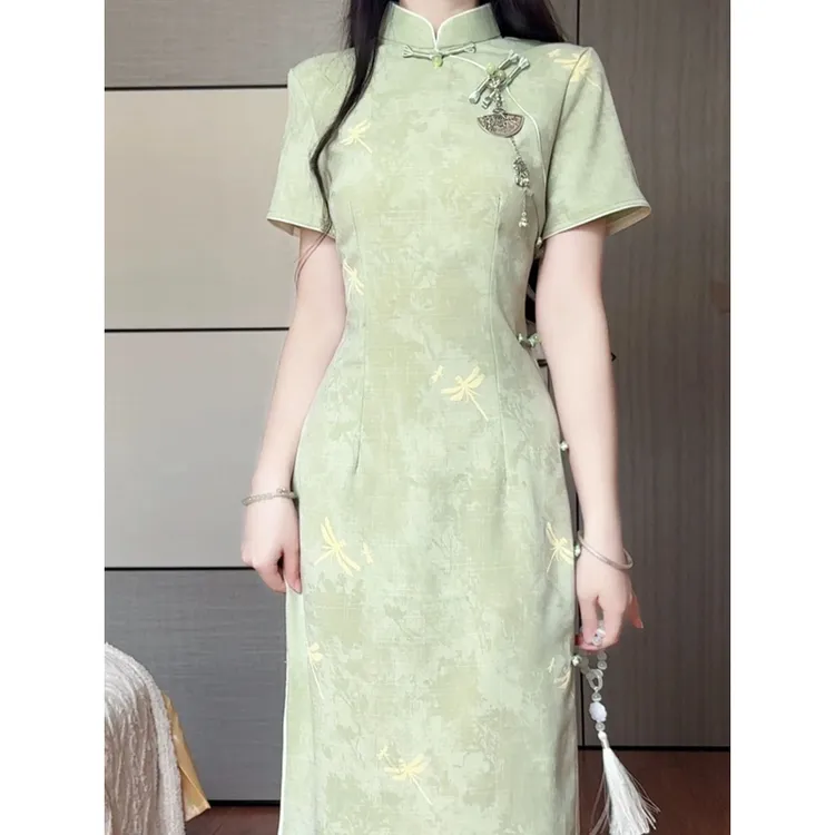 绿色旗袍长款夏季清冷感新款新中式国风修身年轻款收腰改良连衣裙