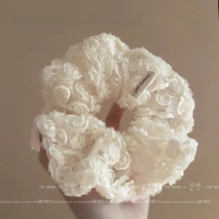 白月光花朵立体精致大肠发圈蕾丝复古网纱发绳百搭新款新款发饰