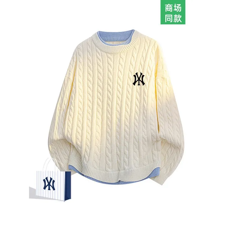 奥特莱斯假两件麻花针织毛衣秋冬季男女新款加厚保暖休闲情侣打底