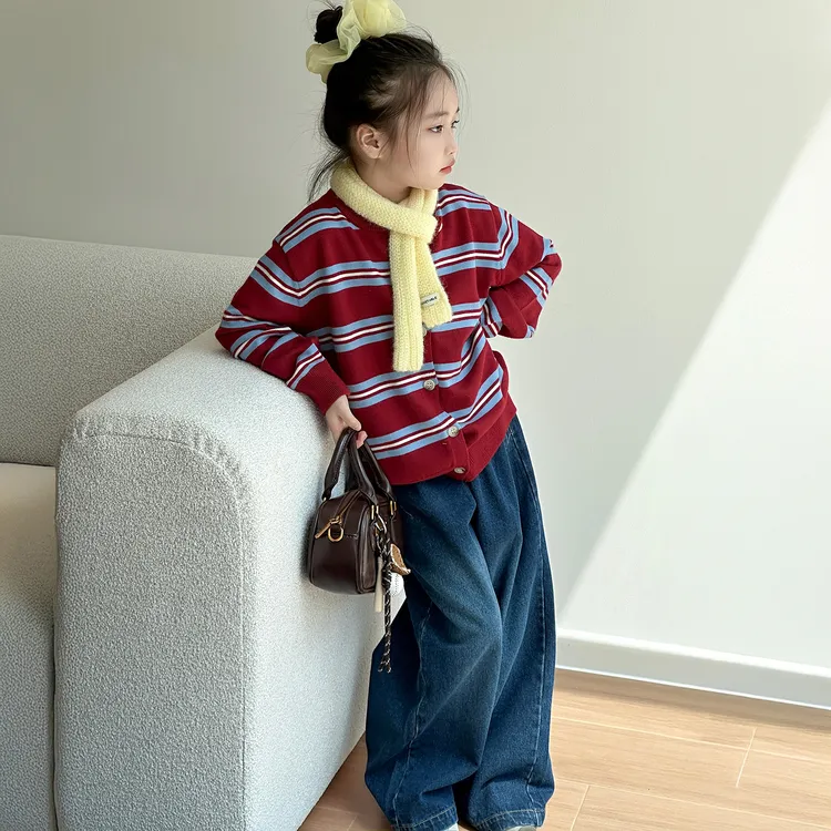 女童牛仔阔腿套装2025新款女孩秋季复古条纹针织开衫儿童韩系穿搭