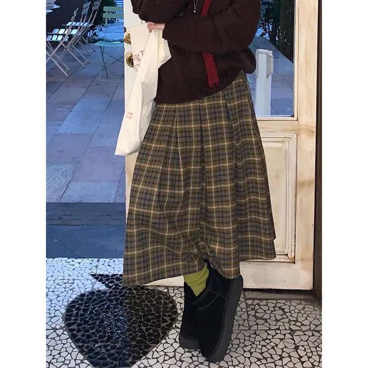 中古风绿卡其格纹a字百褶中长裙女秋冬季高腰宽松显瘦毛呢半身裙