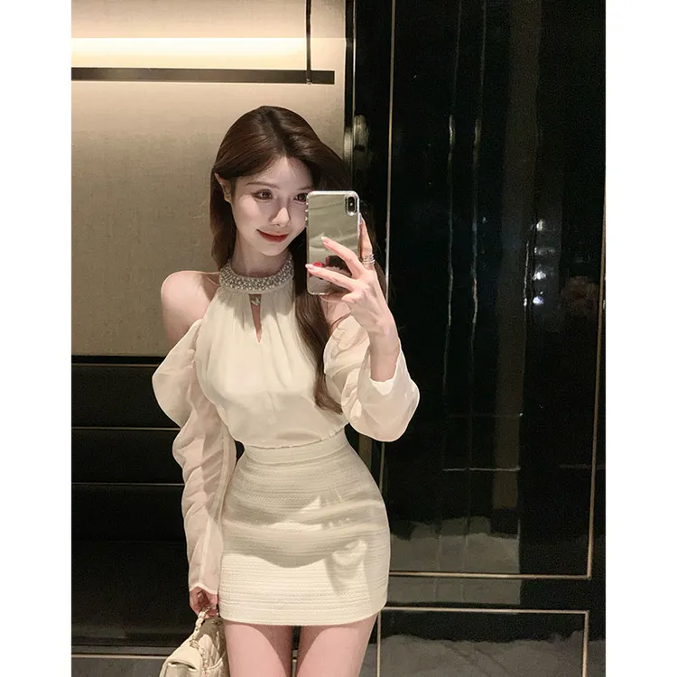 韩系设计感辣妹纯欲休闲百搭露肩长袖衬衫上衣高腰显瘦包臀半身裙